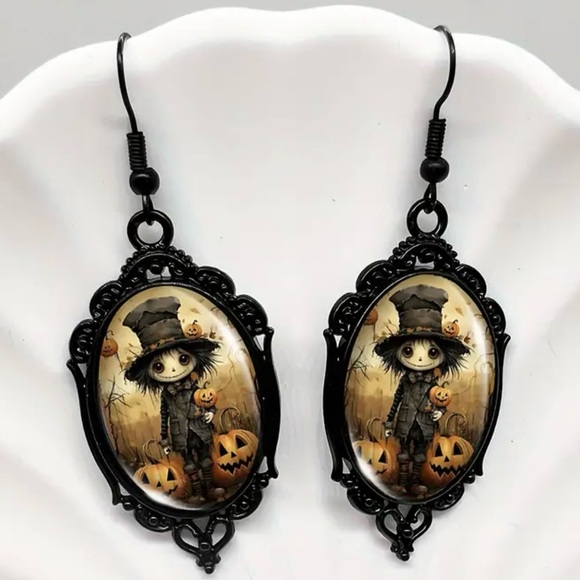 Scarecrow Boy Cameo~ Pumpkin Jack-o’-lantern Fall Autumn Halloween Gothic Dangle - Picture 2 of 6